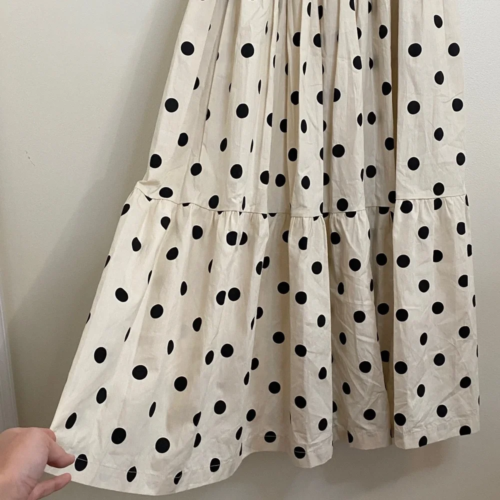 En Saison Black and Cream Polka Dot Midi Dress Smoked Tiered Cottagecore Large - Picture 5 of 8